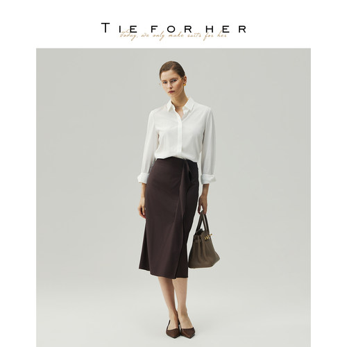 TieForHer 设计感优雅斜褶围裹开衩半裙 26早秋新款