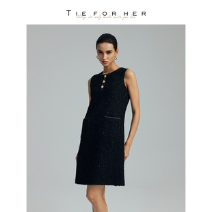 会员新享 赫本风新款 TieForHer 连衣裙女 通勤 黑金圆领无袖