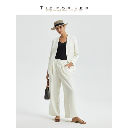 TieForHer 春夏新品老钱风雪晶白无领高端通勤西装外套上衣直筒裤