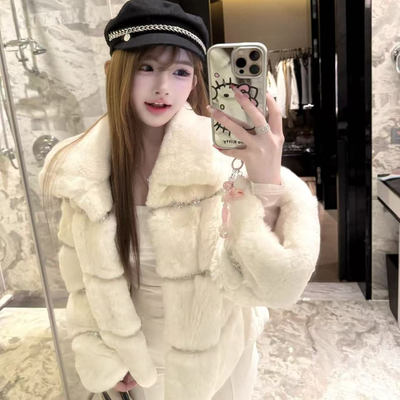 千金风仿皮草短款带钻毛毛外套女秋冬翻领保暖修身贵气外套