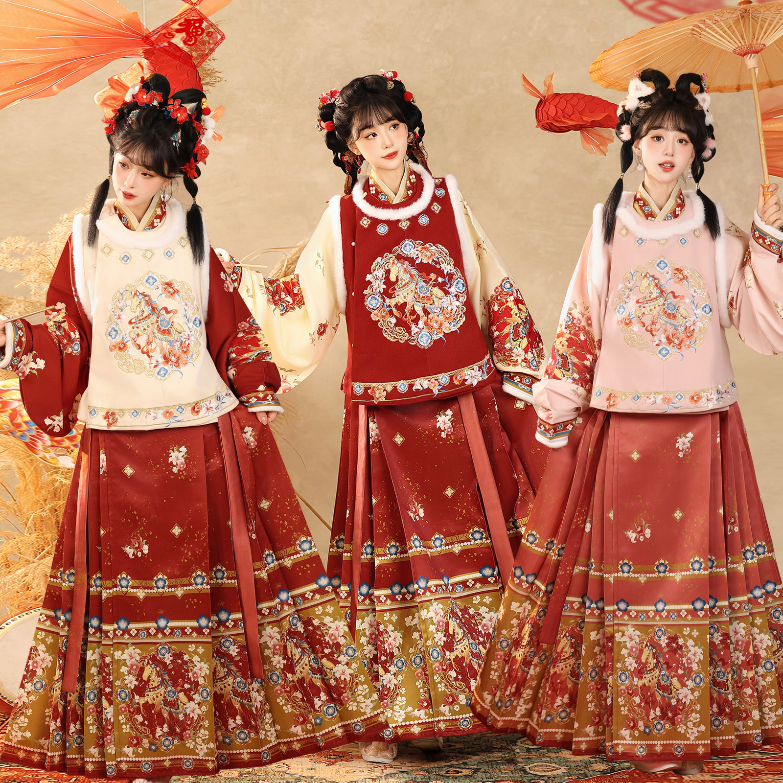 玉术【神马一线】原创汉服圆领衣马面裙女日常改良冬款拜年服马年