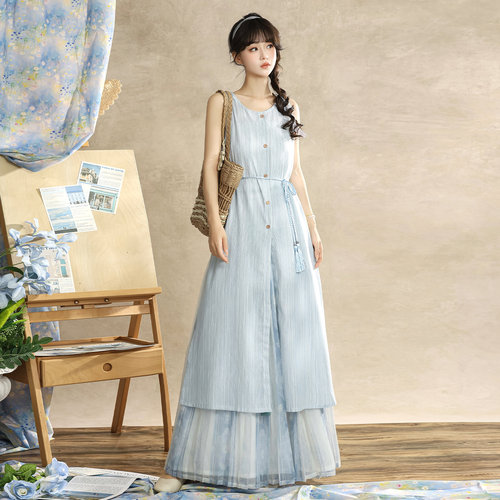 玉术【染蓝】宋制国风无袖方领对襟上衣原创汉服女显瘦日常春夏款