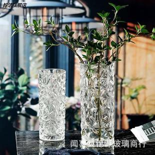 新款透明浮雕玻璃花瓶欧式直筒透明花器现代时尚水培容器家居装饰