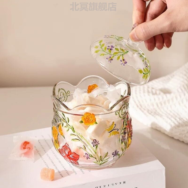 玻璃收纳储物罐带盖防尘零食首饰摆件浮雕手绘花朵形罐子创意餐具
