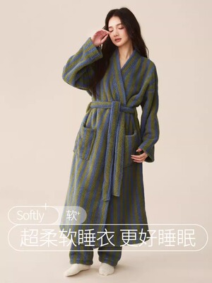 睡袍女冬季珊瑚绒加绒加厚睡衣睡裤套装春秋长款撞色竖条纹家居服