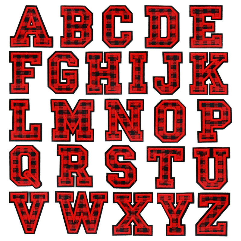 黑红格子刺绣布贴26英文字母徽章补丁帽子衣服装饰修补贴补丁贴标