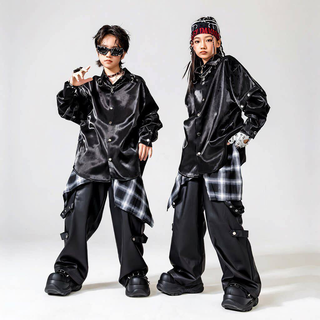 儿童街舞潮服男童嘻哈少年演出服架子鼓摇滚亮面黑衬衫炫酷套装
