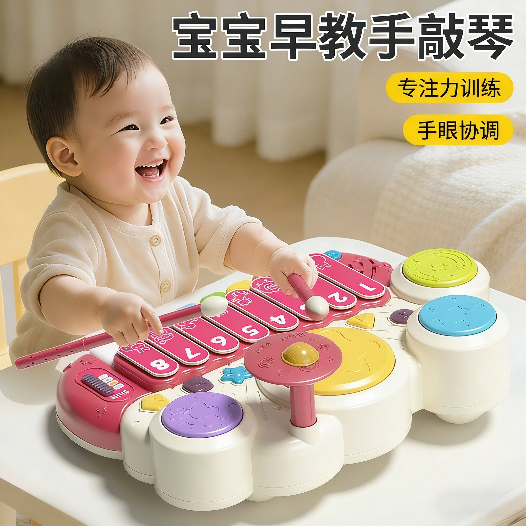 谷雨儿童多功能敲鼓电子琴游戏鼓音乐婴幼儿早教益智宝宝启蒙玩具