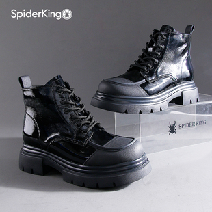 蜘蛛王真皮马丁靴女2025秋冬英伦风厚底短靴漆皮亮面休闲机车单靴