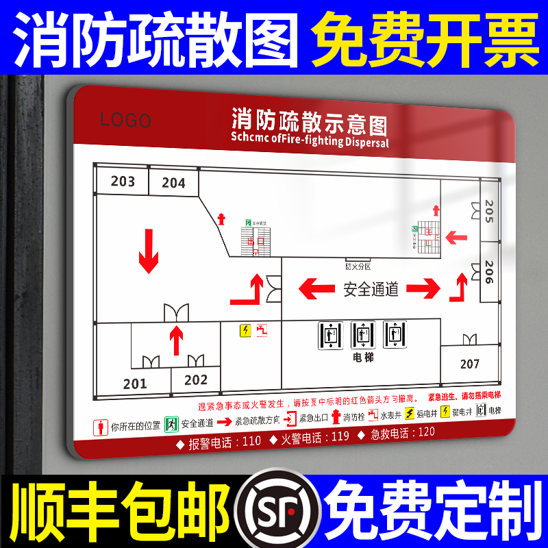 消防疏散示意图安全逃生指示牌