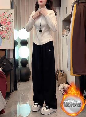 ROUMIKL极简风穿搭休闲运动套装女2025冬季白色上衣阔腿裤加绒加