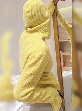 ROUMIKL多巴胺黄色温柔连帽卫衣毛衣女秋冬新款针织打底衫洋气配