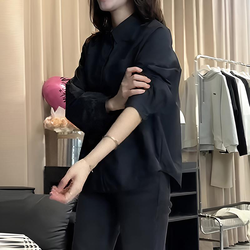 ROUMIKL黑色赫本风长袖衬衫女秋季韩版高级感通勤百搭极简衬衣外