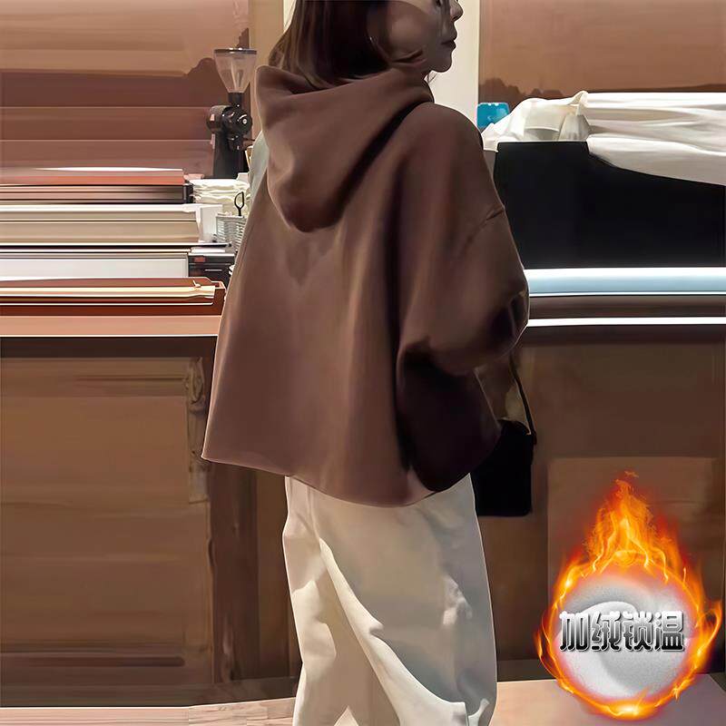 ROUMIKL复古设计感小众加绒连帽卫衣女2025冬季新款短款显瘦小众