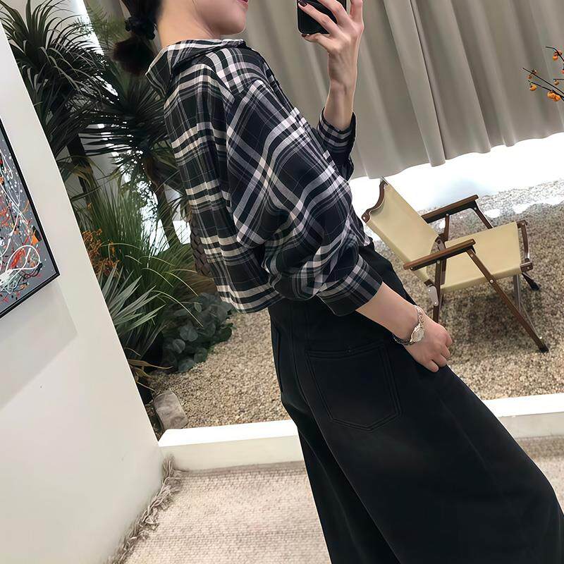 ROUMIKL黑白格子秋季宽松长袖衬衫女时尚宽松简约韩版百搭开衫衬