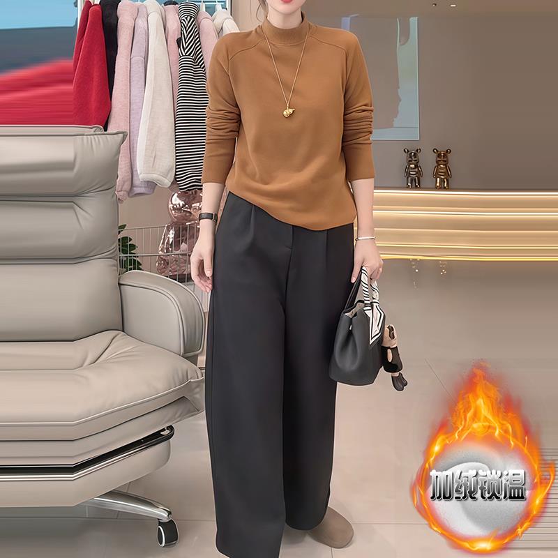 ROUMIKL高端极简风纯色套装女2025秋季加绒加厚气质减龄上衣阔腿