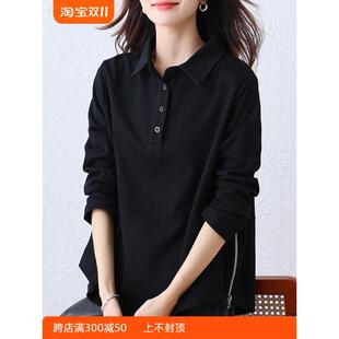 RIERA九月墨陌黑色侧拉链polo领卫衣女秋装时尚宽松遮肉显瘦休闲