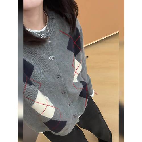 ROUMIKL覆古撞色菱格长袖毛衣开衫外套女2025秋季慵懒风宽松休闲