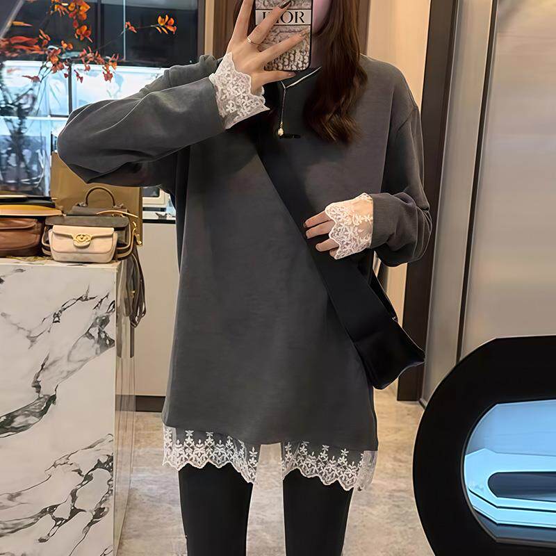 ROUMIKL蕾丝拼接圆领长袖T恤女秋季中长款松弛感遮肉显瘦洋气打底
