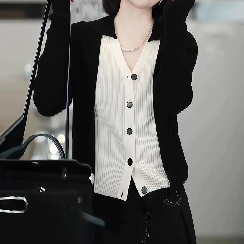 ROUMIKL美式拼接假两件长袖针织衫气质时尚小衫秋季女士休闲百搭V