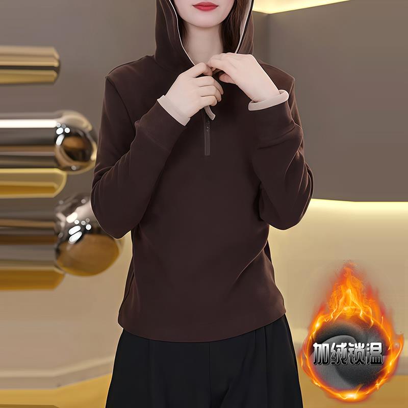 ROUMIKL设计感小众半拉链连帽加绒加厚卫衣女士秋冬款欧货极简风