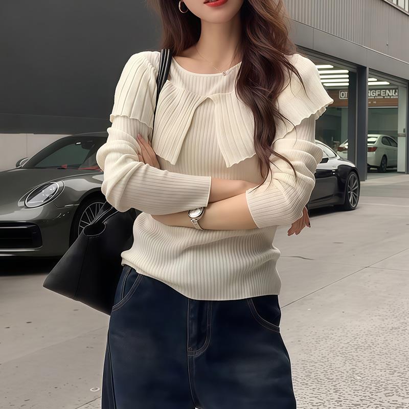 ROUMIKL法式荷叶边一字肩长袖针织衫女装秋季新款气质设计感修身