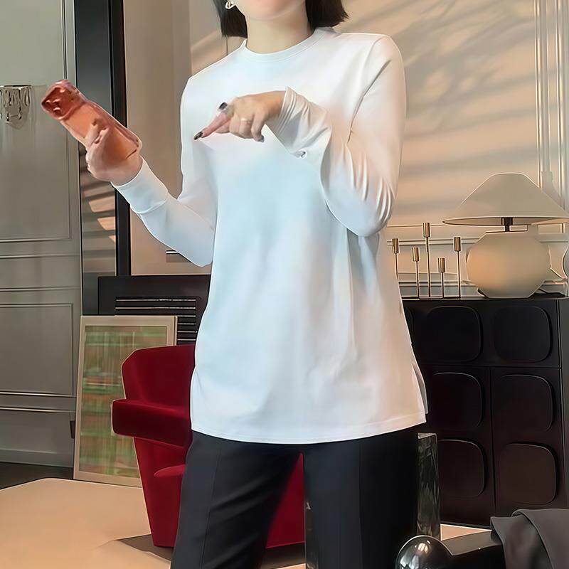 ROUMIKL高级感小半高领长袖t恤女春秋新款白色中长款宽松纯色打底