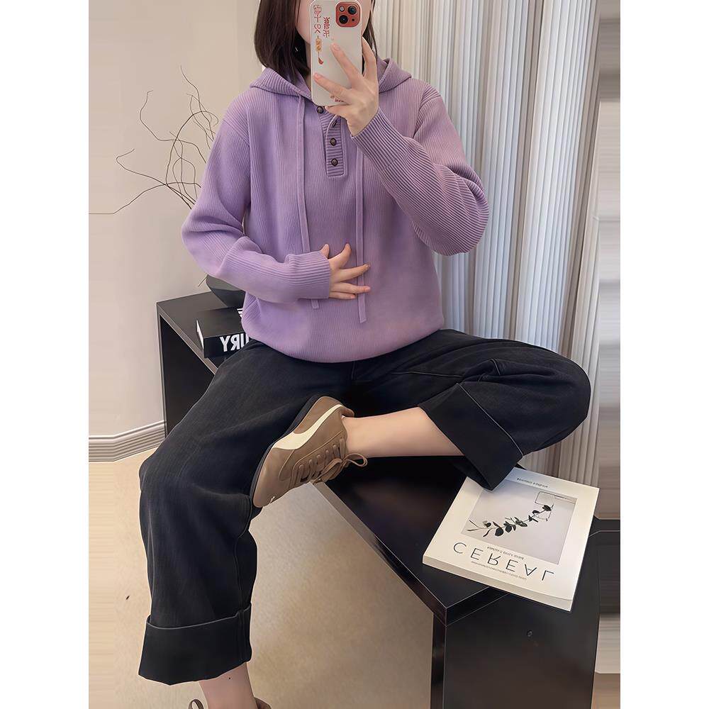 ROUMIKL紫色连帽毛衣女士秋冬宽松慵懒风软糯减龄显瘦内搭打底针
