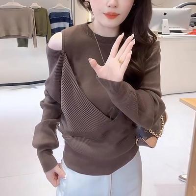 ROUMIKL假两件露肩设计长袖针织衫女2025年秋季新款收腰气质显瘦