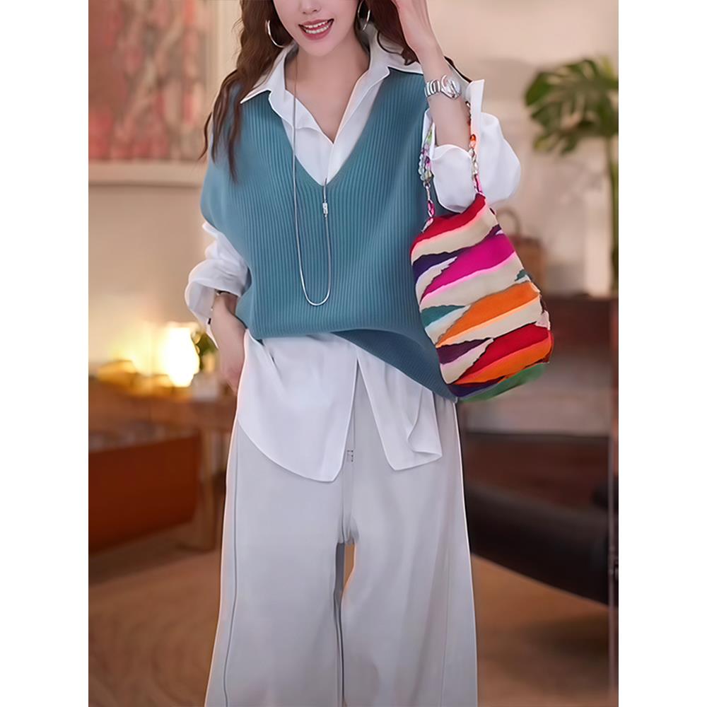 ROUMIKL无袖针织马甲女秋冬外搭坎肩背心外穿叠穿POLO领白色衬衫