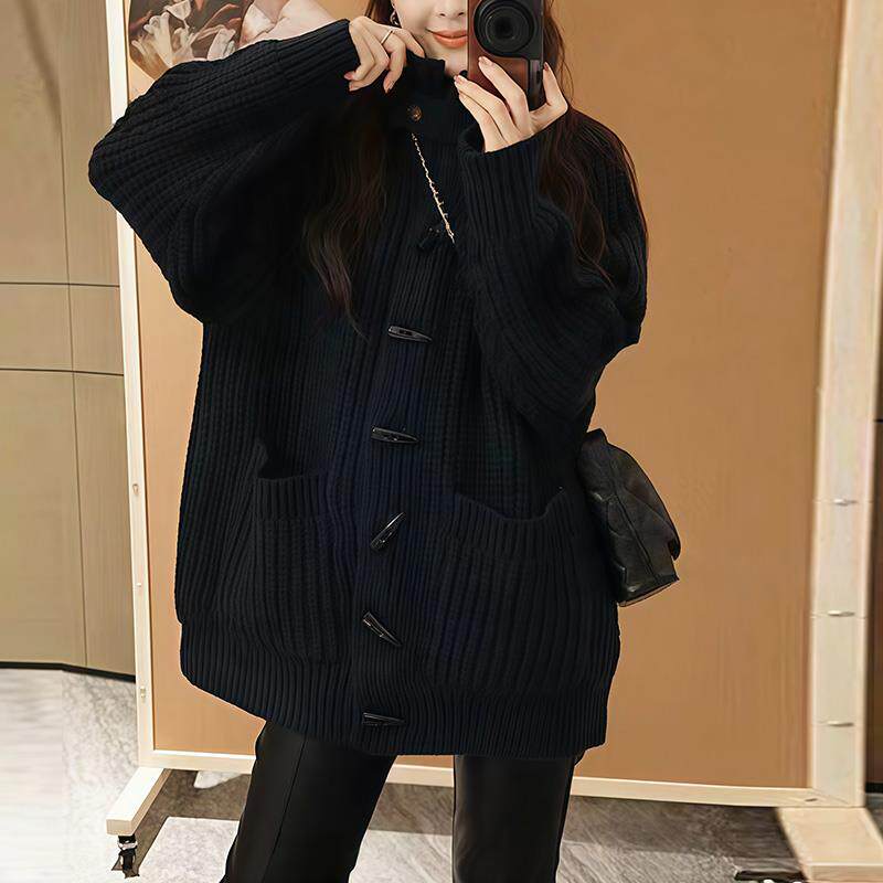 ROUMIKL慵懒风小个子赫本风牛角扣毛衣女外套针织开衫中长款韩版