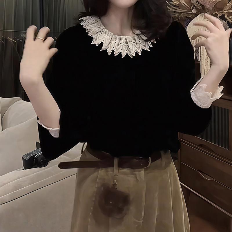 ROUMIKL法式刺绣蕾丝边拼接衬衫女秋冬设计感小众休闲打底衫洋气