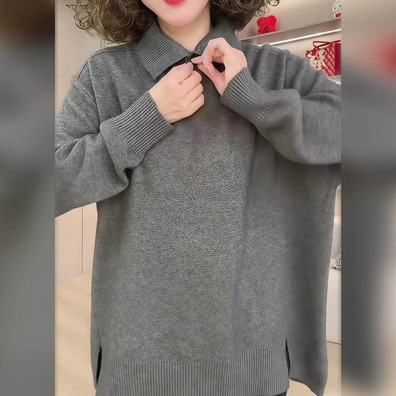 ROUMIKL设计感灰色翻领套头毛衣女款秋冬宽松慵懒针织衫不规则上