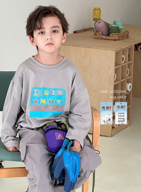 虾酱麻麻男童纯棉长袖t恤秋冬装2025新款上衣灰色洋气儿童装体恤