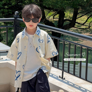 2025新款 夏装 男孩白色上衣卡通儿童衬衣外套 衬衫 虾酱麻麻男童短袖