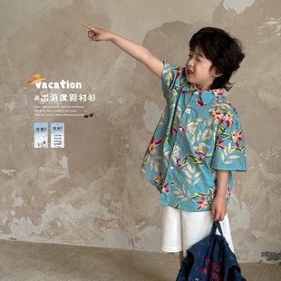 虾酱麻麻男童花衬衫短袖春夏款2025新款宝宝纯棉度假风儿童装衬衣