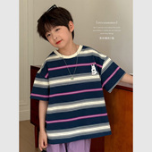 虾酱麻麻男童纯棉短袖 薄体恤 条纹上衣洋气儿童装 t恤夏装 2025新款