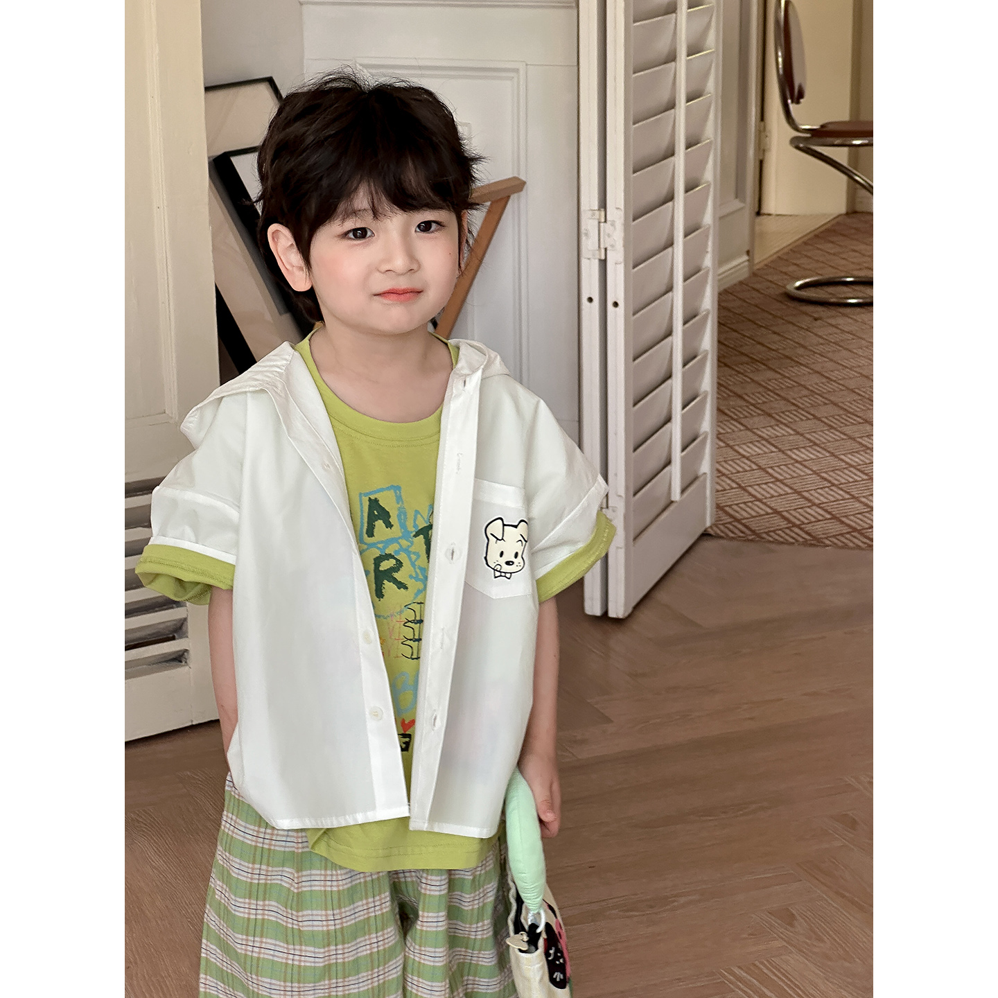 【小童】虾酱麻麻男童纯棉衬衫夏装2025新款宝宝白色儿童衬衣外套