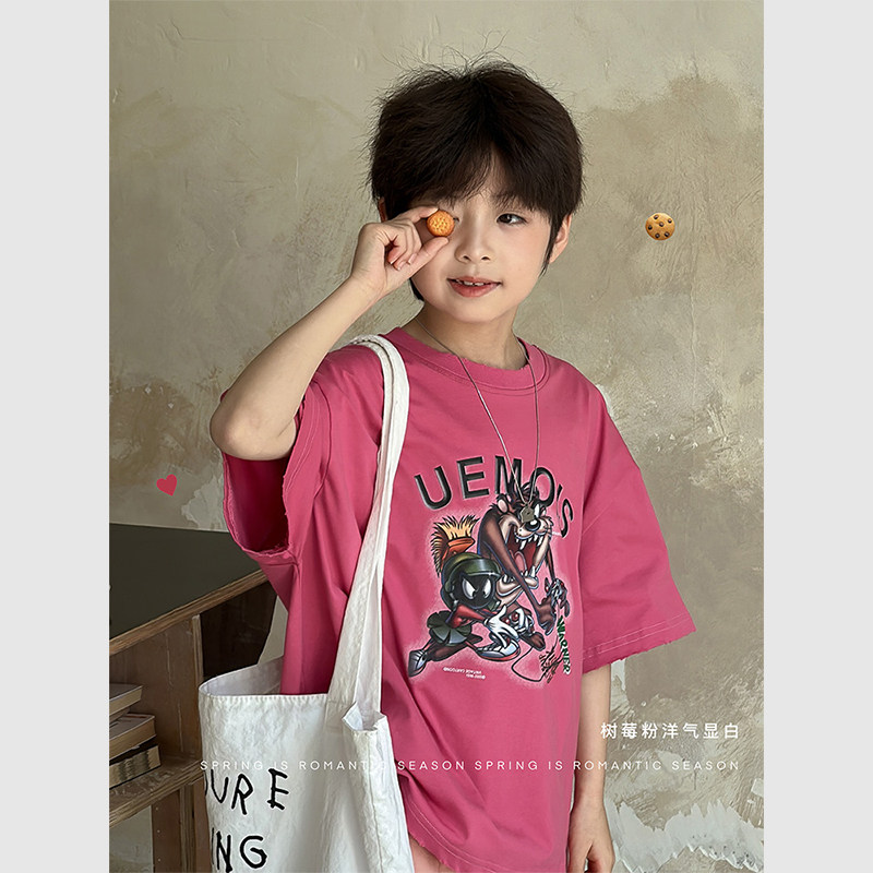 虾酱麻麻男童纯棉短袖t恤夏装2025新款韩范痞帅粉色儿童打底上衣,童装/婴儿装/亲子装,T恤,淘宝优惠券,粉丝福利购,淘宝优惠卷