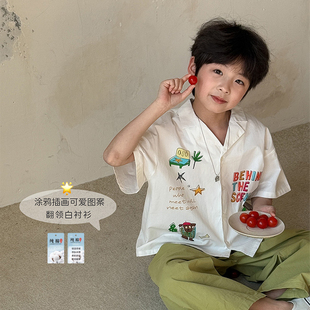 2025新款 夏装 男孩卡通涂鸦白色儿童衬衣 衬衫 虾酱麻麻男童纯棉短袖