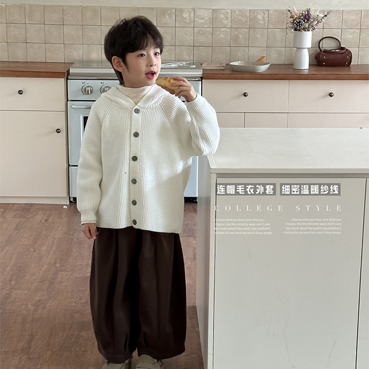 虾酱麻麻白色连帽毛衣针织衫