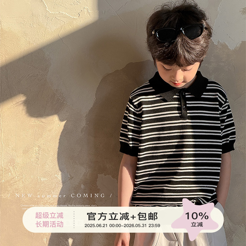 虾酱麻麻撞色条纹poloT恤