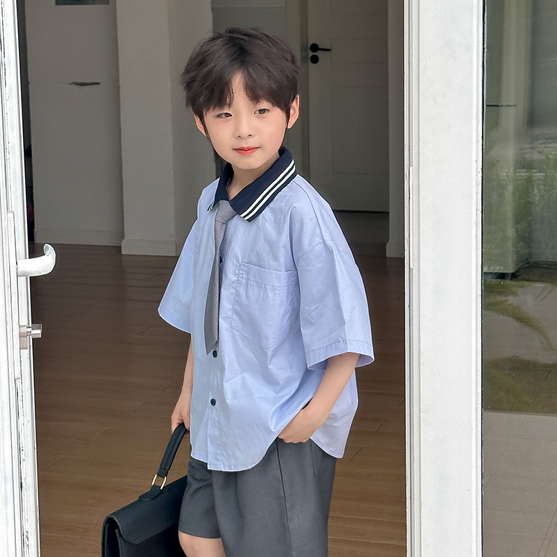 虾酱麻麻蓝色学院短袖衬衫套装