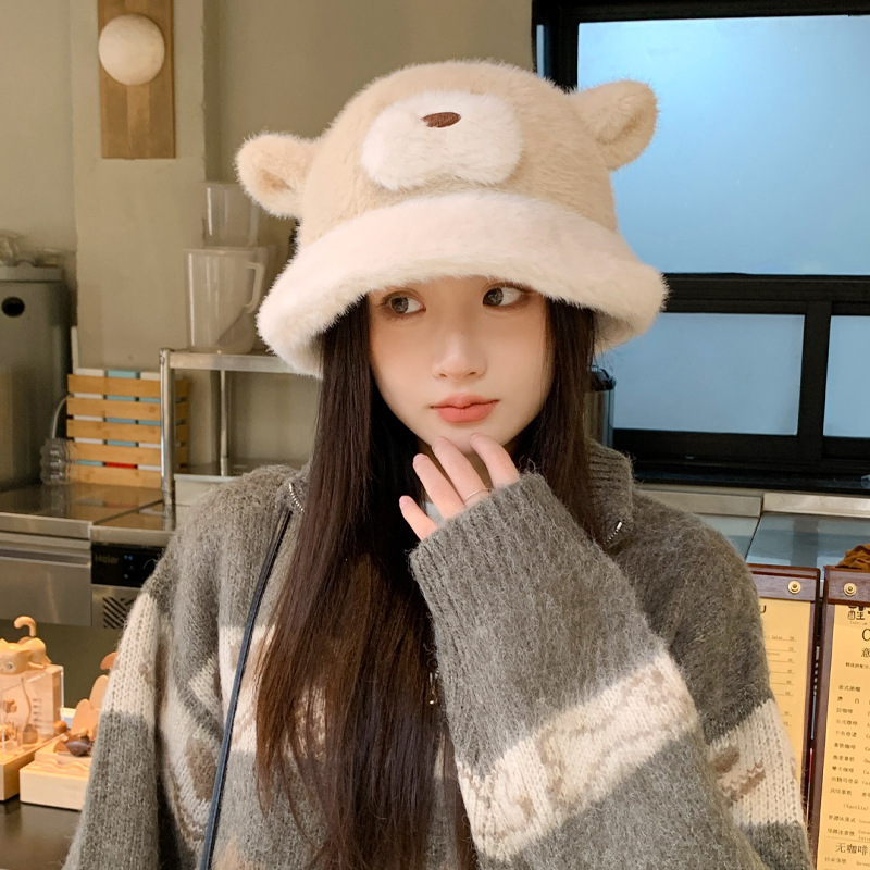 帽子女冬季小熊毛绒帽渔夫帽加厚