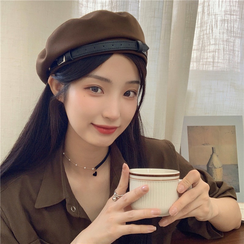 贝雷帽女拽酷皮扣秋冬季毛呢日系甜美气质时尚画家帽