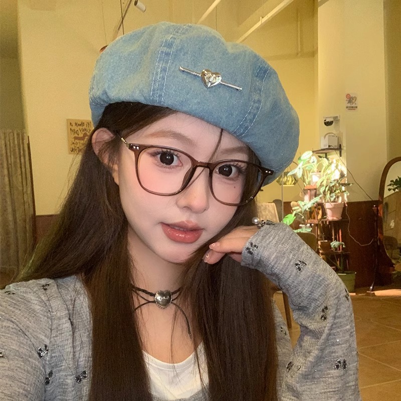 贝雷帽女牛仔八角帽薄款透气爱心水洗八角画家帽大头围显脸小帽子