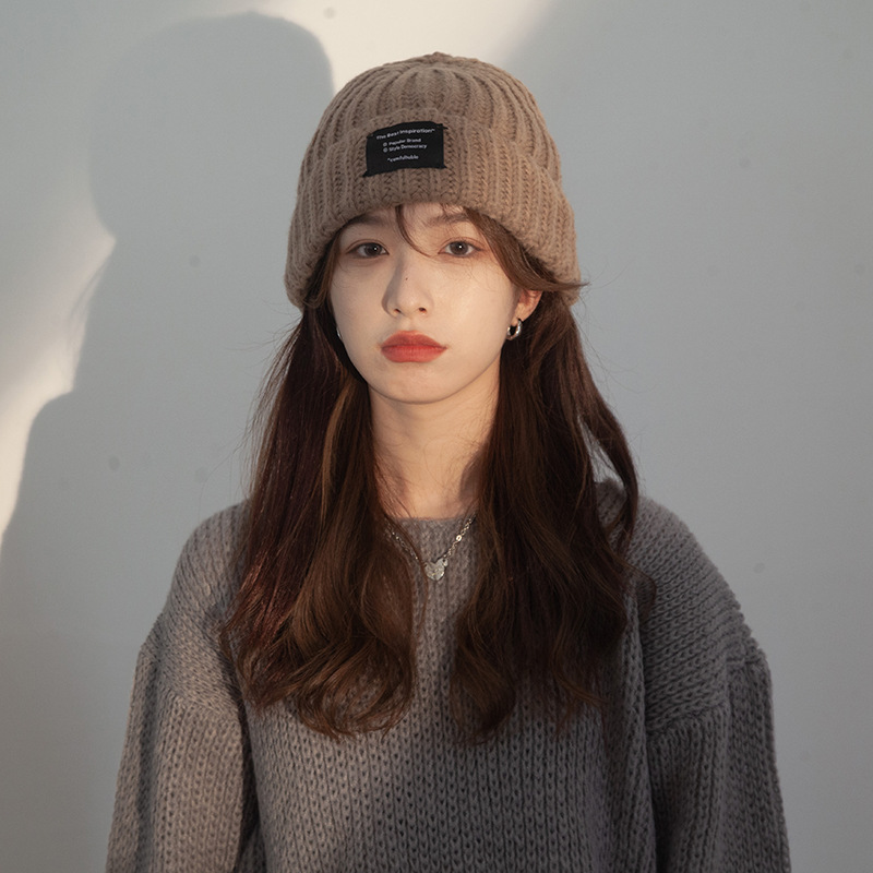 帽子女秋冬贴布护耳毛线帽百搭显脸小保暖针织帽大头围休闲冷帽子