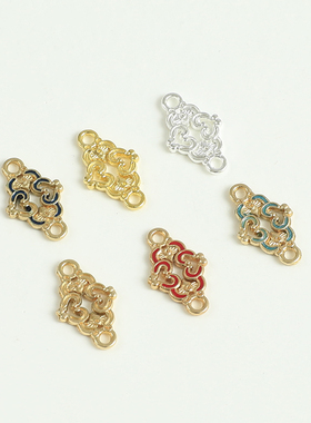 古风合金保色17x10mm花纹古风菱形双吊连接手工流苏双孔饰品配件