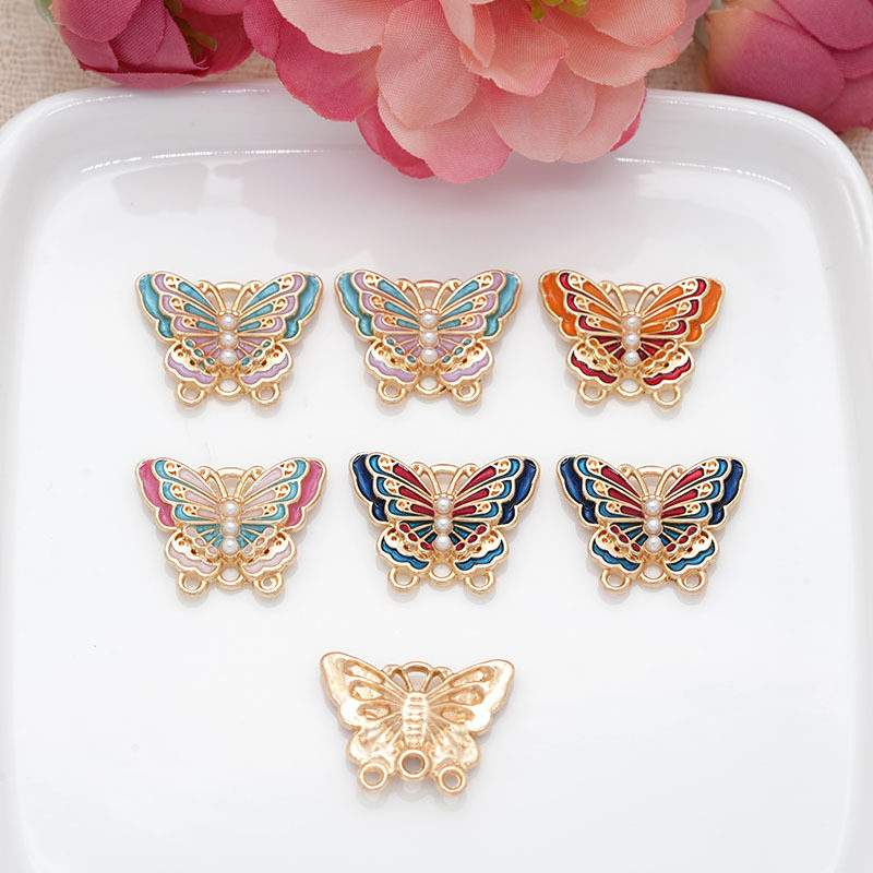 合金珐琅滴油点珍珠立体蝴蝶吊坠DIY配件古风发簪流苏步摇材料