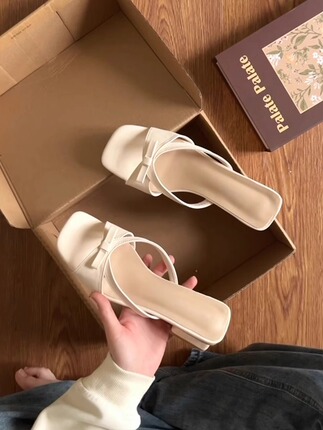 Fairy Style~ French Gentle Bow-Knot Soft Leather Sandals, Slip-On Chunky Heel Square Toe Open-Toe White Slip-On Sandals for Women